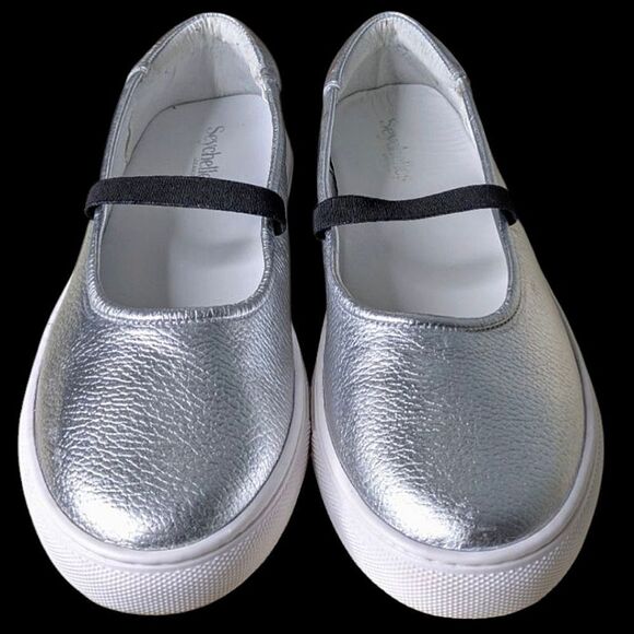 Seychelles Silver Leather Elastic Strap Ballet Trainers Flats Size 10 - Picture 1 of 13
